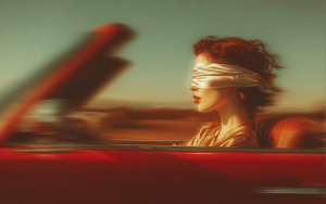 Frau mit verbundenen Augen fährt in einem Auto – Symbol für unbewusstes Handeln im Autopilot-Modus.