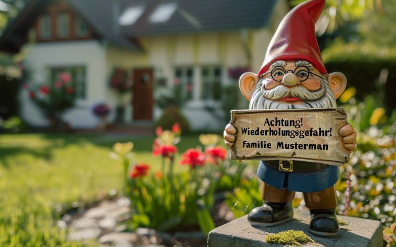 Lustiger Gartenzwerg mit Warnschild im sonnigen Vorgarten vor Haus mit Blumen