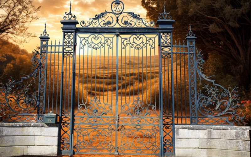 Verziertes schmiedeeisernes Tor vor einer goldenen Landschaft im Sonnenuntergang, Symbol für innere Blockaden und die Chance, durch Musterverstehen neue Wege zu eröffnen.